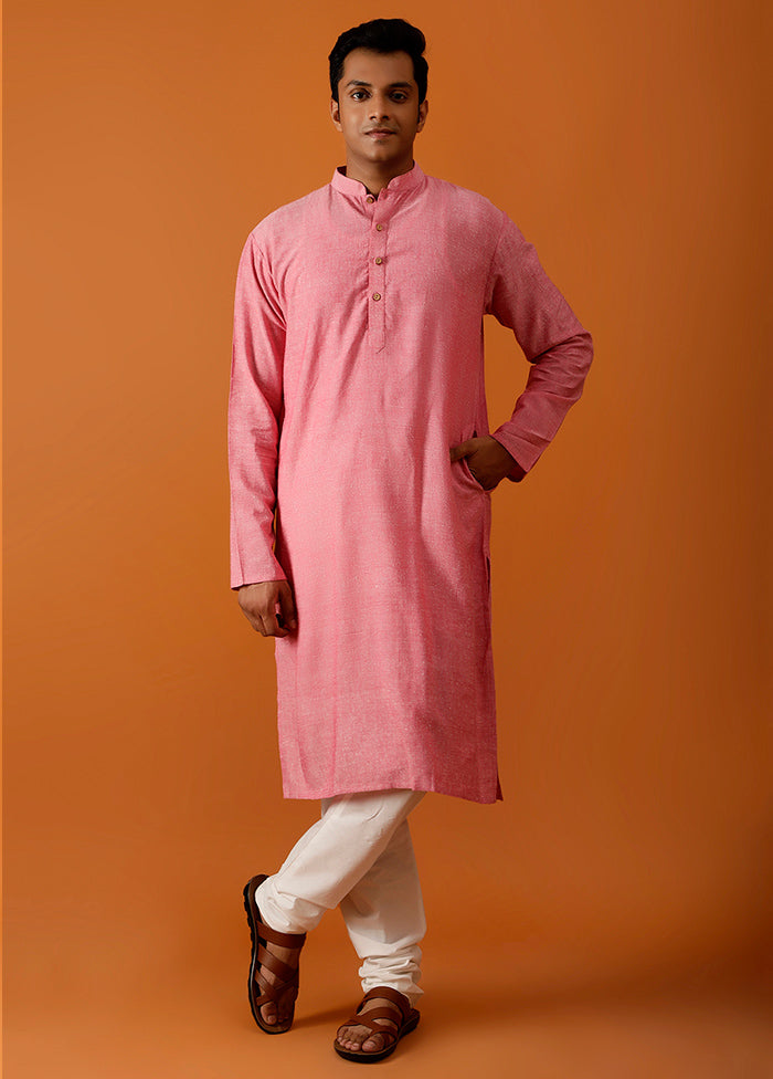 Dark Pink Cotton Full Sleeves Mandarin Collar Long Kurta And Pajama Set - Indian Silk House Agencies