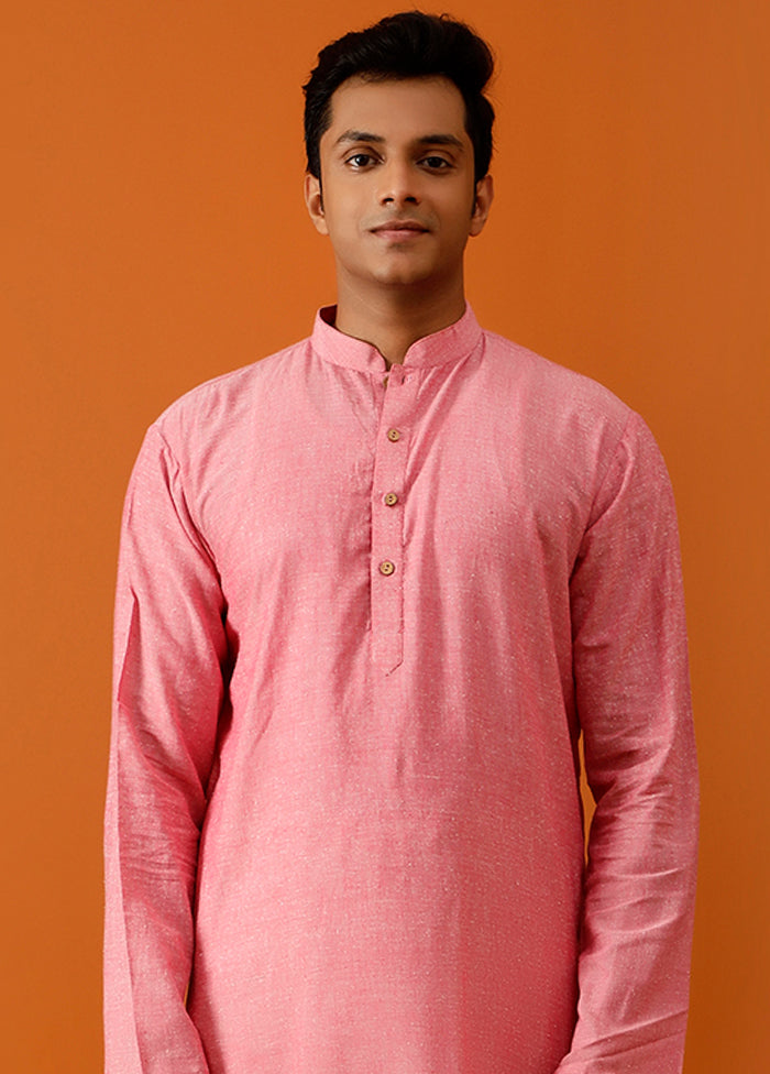 Dark Pink Cotton Full Sleeves Mandarin Collar Long Kurta And Pajama Set - Indian Silk House Agencies
