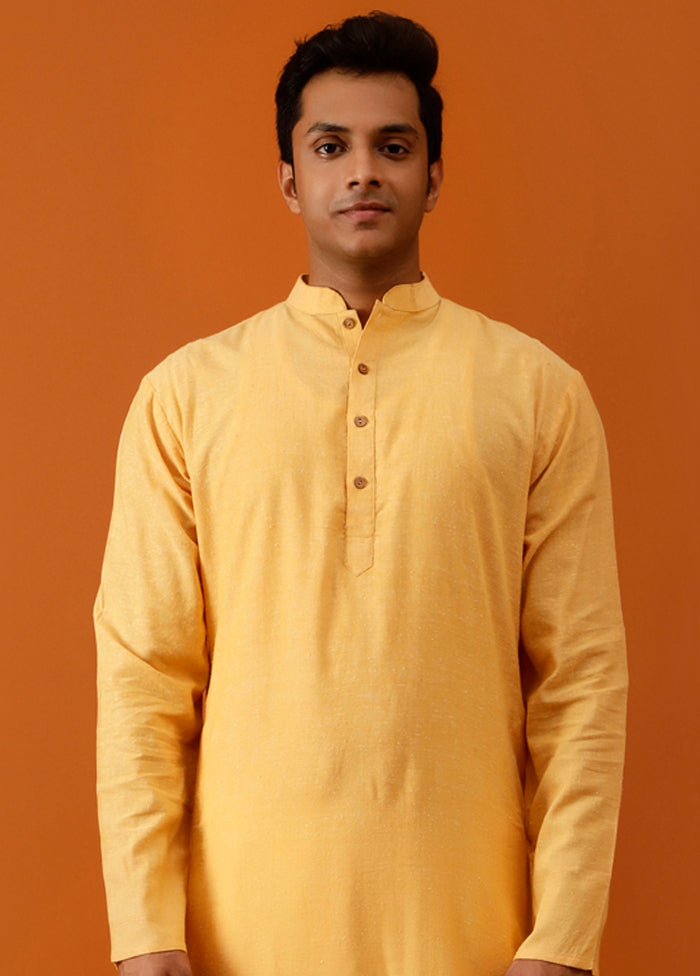 Yellow Cotton Full Sleeves Mandarin Collar Long Kurta And Pajama Set - Indian Silk House Agencies