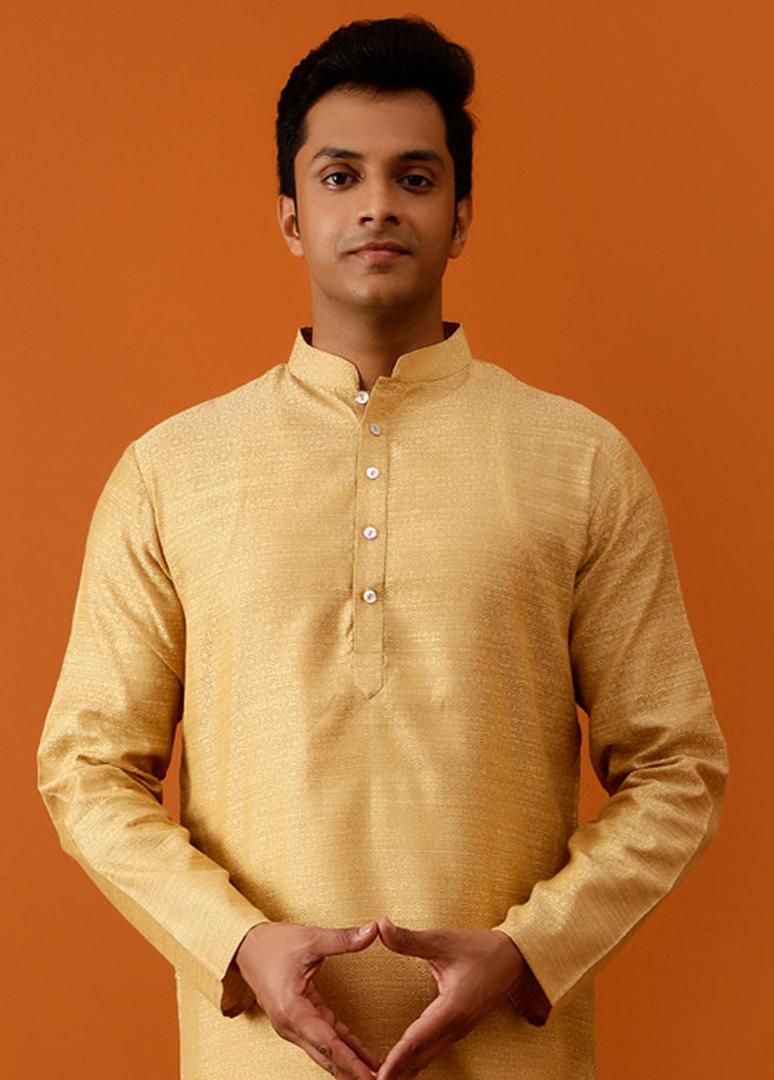Golden Cotton Full Sleeves Mandarin Collar Long Kurta And Pajama Set - Indian Silk House Agencies
