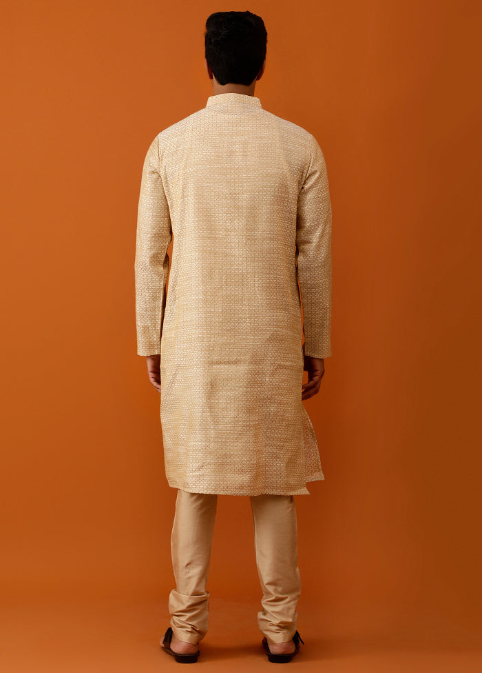 Beige Cotton Full Sleeves Mandarin Collar Long Kurta And Pajama Set