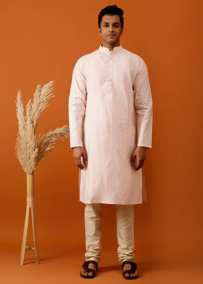 Peach Cotton Full Sleeves Mandarin Collar Long Kurta And Pajama Set - Indian Silk House Agencies
