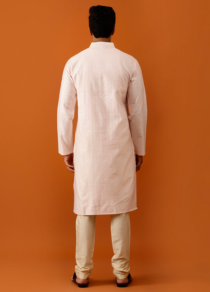 Peach Cotton Full Sleeves Mandarin Collar Long Kurta And Pajama Set - Indian Silk House Agencies