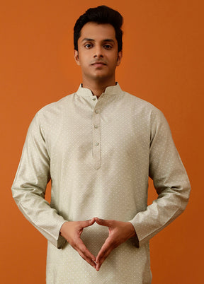 Olive Green Cotton Full Sleeves Mandarin Collar Long Kurta And Pajama Set - Indian Silk House Agencies