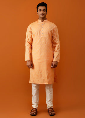 Orange Cotton Full Sleeves Mandarin Collar Long Kurta And Pajama Set - Indian Silk House Agencies