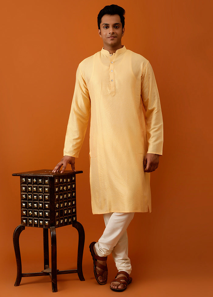 Yellow Cotton Full Sleeves Mandarin Collar Long Kurta And Pajama Set - Indian Silk House Agencies