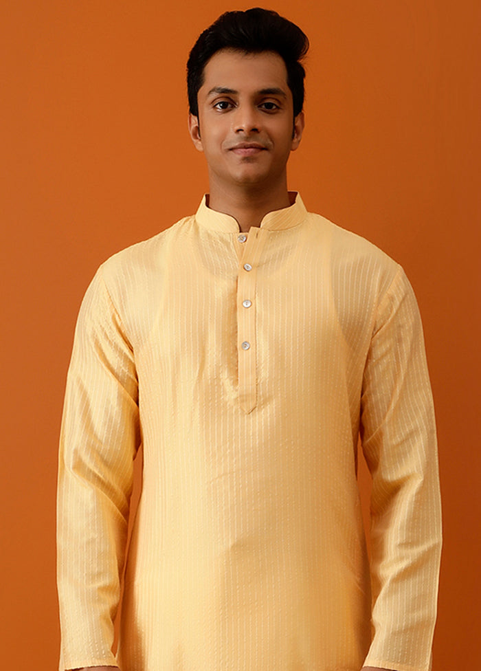 Yellow Cotton Full Sleeves Mandarin Collar Long Kurta And Pajama Set