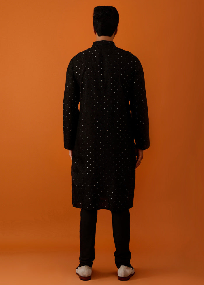 Black Cotton Full Sleeves Mandarin Collar Long Kurta And Pajama Set - Indian Silk House Agencies