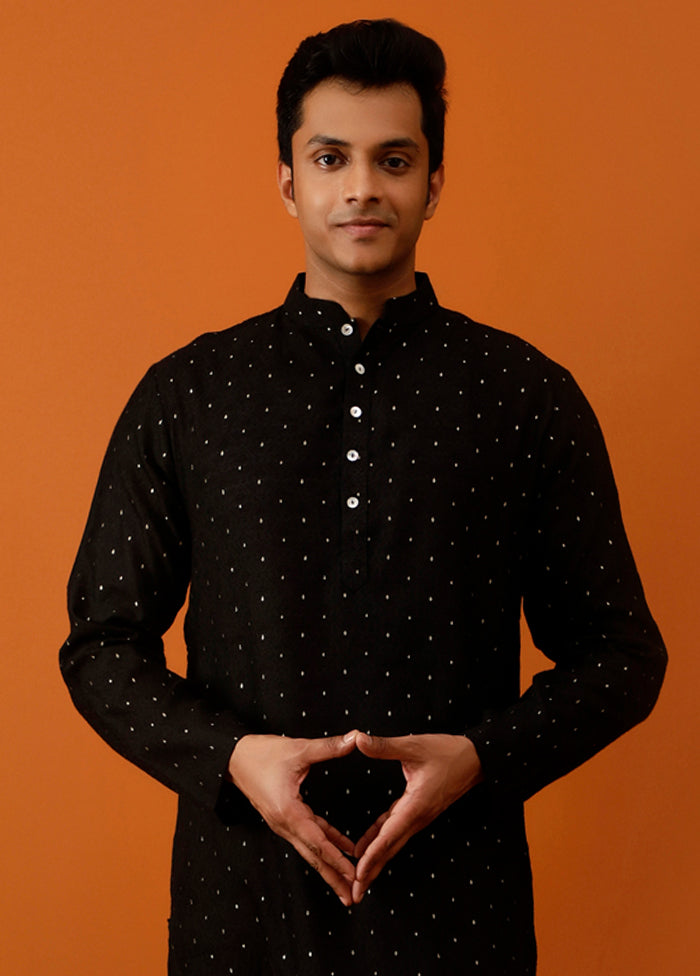 Black Cotton Full Sleeves Mandarin Collar Long Kurta And Pajama Set - Indian Silk House Agencies