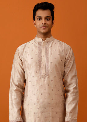 Beige Dupion Silk Full Sleeves Mandarin Collar Long Kurta And Pajama Set - Indian Silk House Agencies