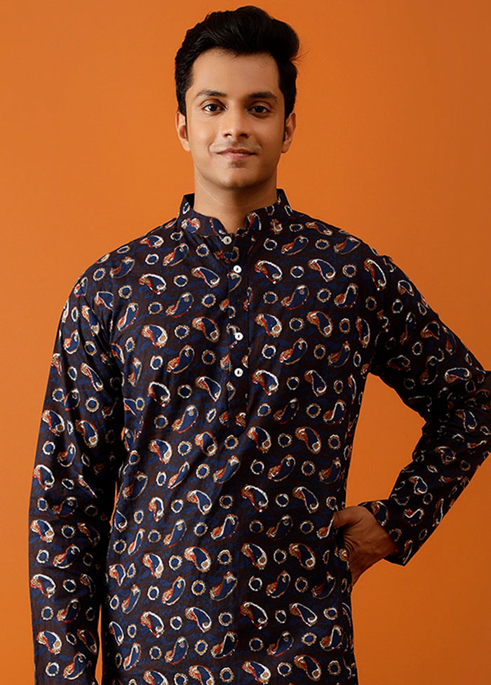 Blue Cotton Full Sleeves Mandarin Collar Long Kurta And Pajama Set - Indian Silk House Agencies