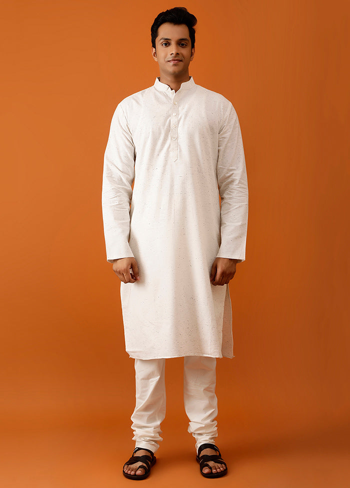 White Cotton Full Sleeves Mandarin Collar Long Kurta And Pajama Set - Indian Silk House Agencies