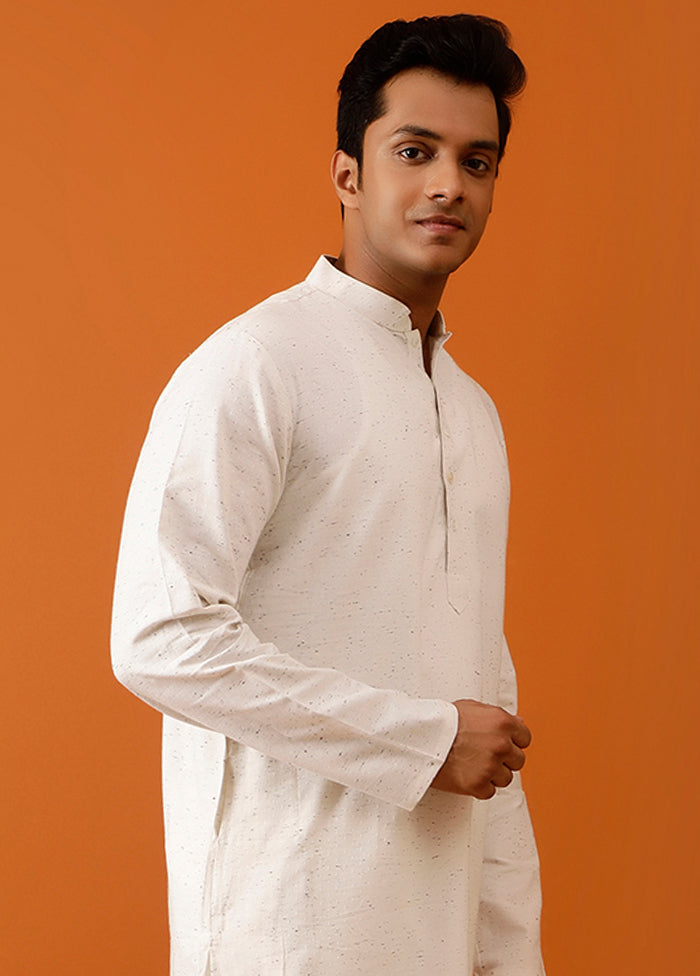 White Cotton Full Sleeves Mandarin Collar Long Kurta And Pajama Set - Indian Silk House Agencies