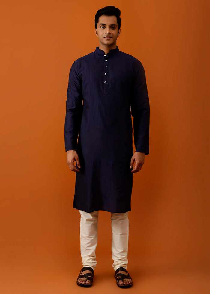 Navy Blue Cotton Full Sleeves Mandarin Collar Long Kurta And Pajama Set - Indian Silk House Agencies