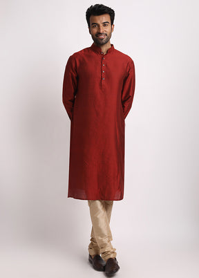Maroon Cotton Full Sleeves Mandarin Collar Long Kurta And Pajama Set - Indian Silk House Agencies