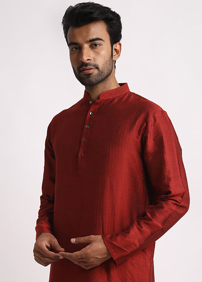 Maroon Cotton Full Sleeves Mandarin Collar Long Kurta And Pajama Set - Indian Silk House Agencies