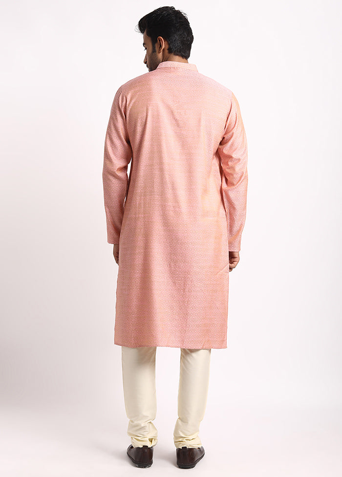 Peach Cotton Full Sleeves Mandarin Collar Long Kurta And Pajama Set