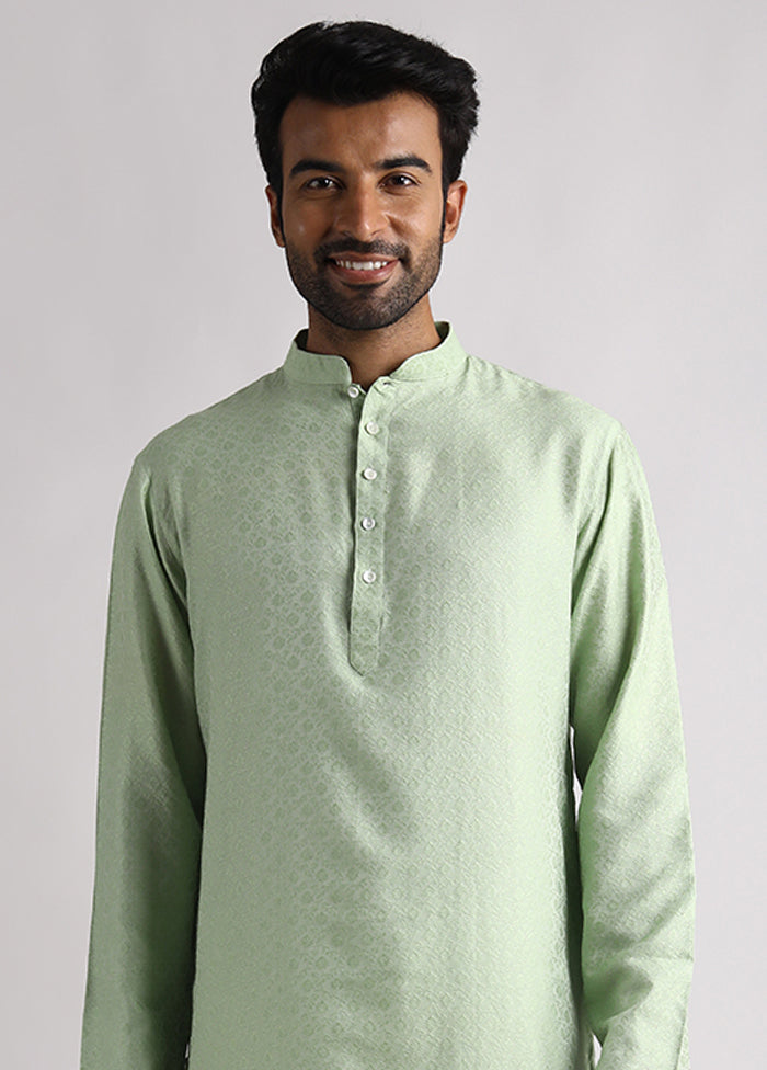 Green Cotton Full Sleeves Mandarin Collar Long Kurta And Pajama Set - Indian Silk House Agencies