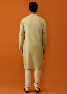 Olive Green Cotton Full Sleeves Mandarin Collar Long Kurta And Pajama Set - Indian Silk House Agencies