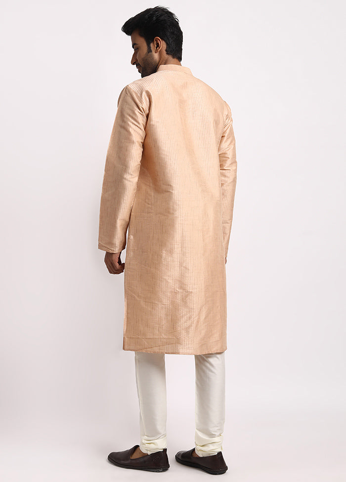 Beige Cotton Full Sleeves Mandarin Collar Long Kurta And Pajama Set - Indian Silk House Agencies