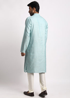Green Dupion Silk Full Sleeves Mandarin Collar Long Kurta And Pajama Set - Indian Silk House Agencies