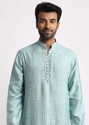 Green Dupion Silk Full Sleeves Mandarin Collar Long Kurta And Pajama Set - Indian Silk House Agencies