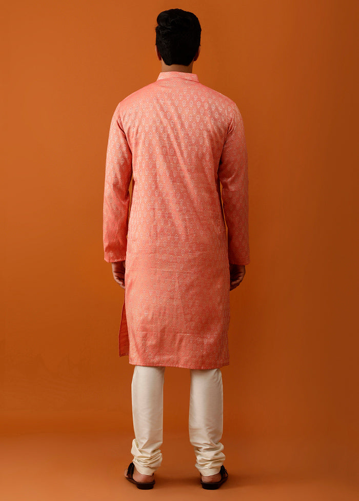 Orange Cotton Full Sleeves Mandarin Collar Long Kurta And Pajama Set - Indian Silk House Agencies