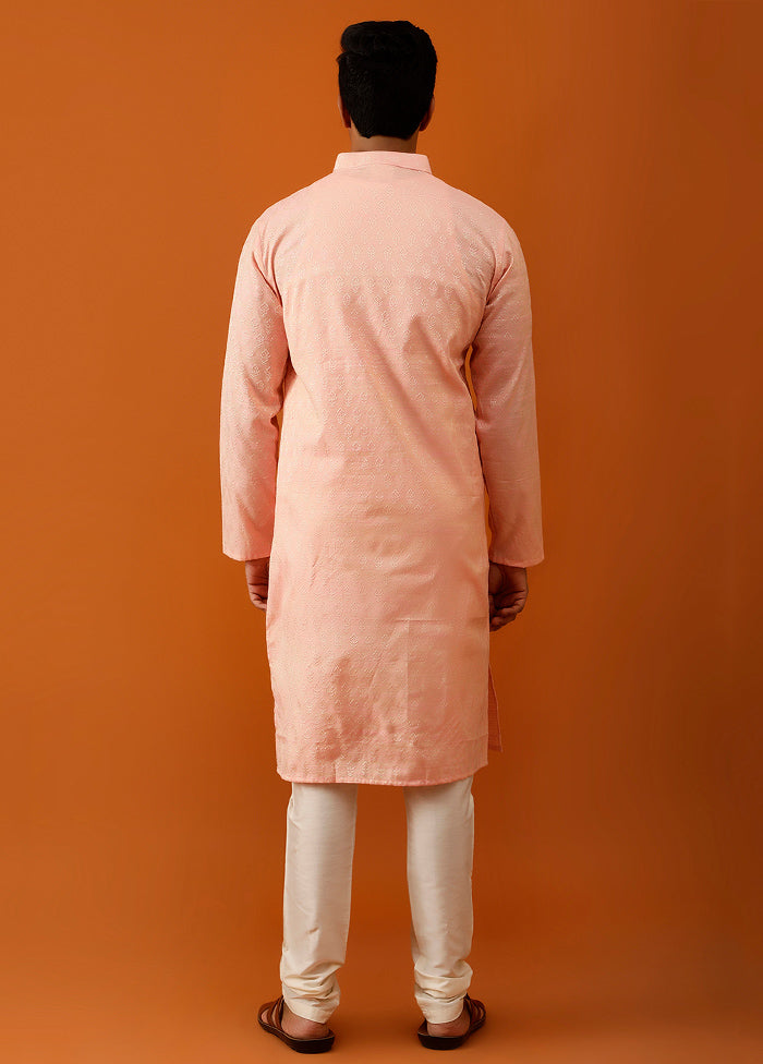 Pink Cotton Full Sleeves Mandarin Collar Long Kurta And Pajama Set - Indian Silk House Agencies