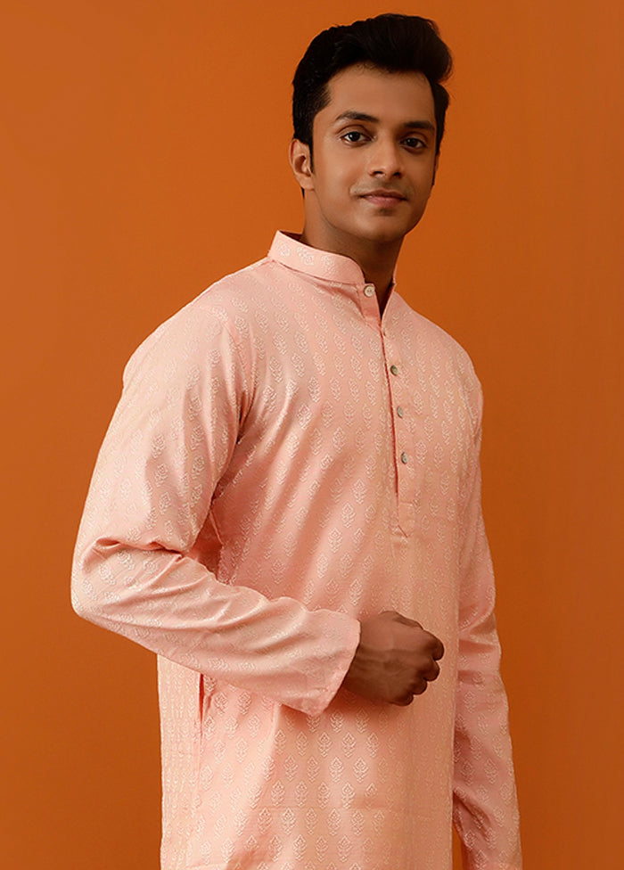 Pink Cotton Full Sleeves Mandarin Collar Long Kurta And Pajama Set - Indian Silk House Agencies