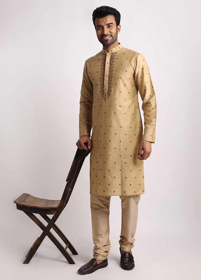 Beige Dupion Silk Full Sleeves Mandarin Collar Long Kurta And Pajama Set - Indian Silk House Agencies