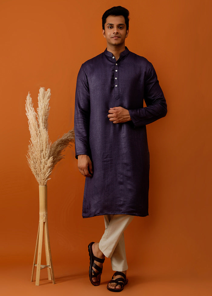 Blue Dupion Silk Full Sleeves Mandarin Collar Long Kurta And Pajama Set - Indian Silk House Agencies