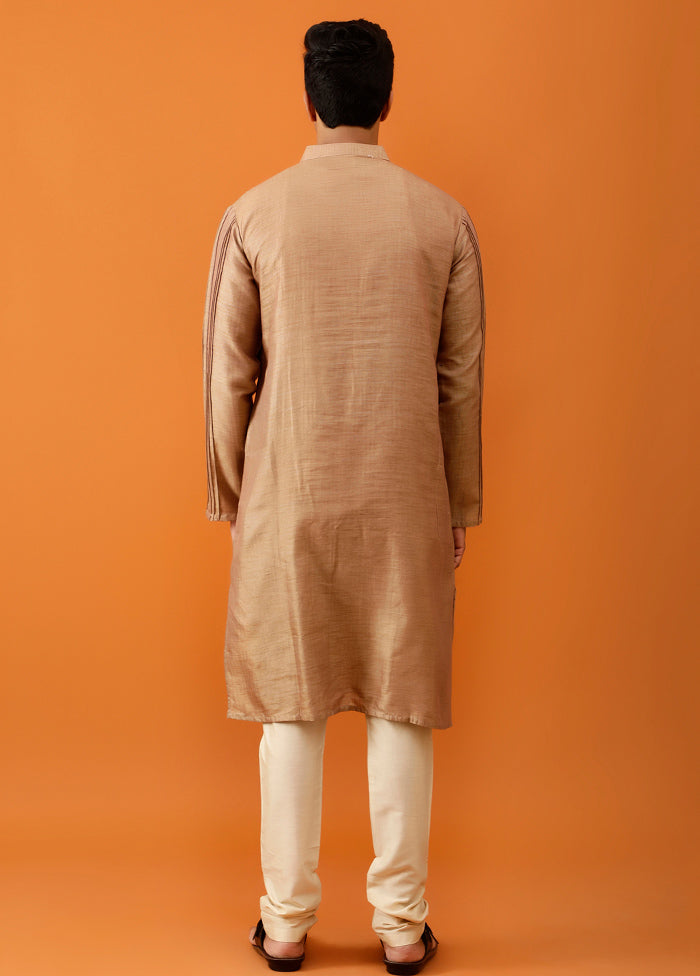 Brown Cotton Full Sleeves Mandarin Collar Long Kurta And Pajama Set - Indian Silk House Agencies