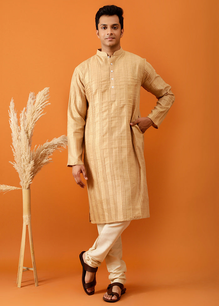 Beige Cotton Full Sleeves Mandarin Collar Long Kurta And Pajama Set - Indian Silk House Agencies