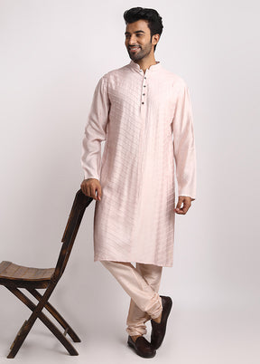 Pink Dupion Silk Full Sleeves Mandarin Collar Long Kurta And Pajama Set - Indian Silk House Agencies