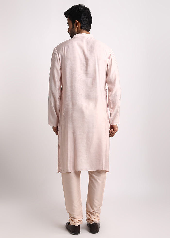 Pink Dupion Silk Full Sleeves Mandarin Collar Long Kurta And Pajama Set - Indian Silk House Agencies