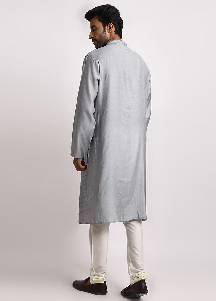 Grey Dupion Silk Full Sleeves Mandarin Collar Long Kurta And Pajama Set - Indian Silk House Agencies