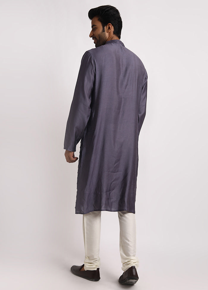 Grey Dupion Silk Full Sleeves Mandarin Collar Long Kurta And Pajama Set
