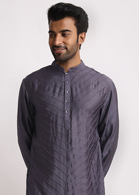 Grey Dupion Silk Full Sleeves Mandarin Collar Long Kurta And Pajama Set - Indian Silk House Agencies