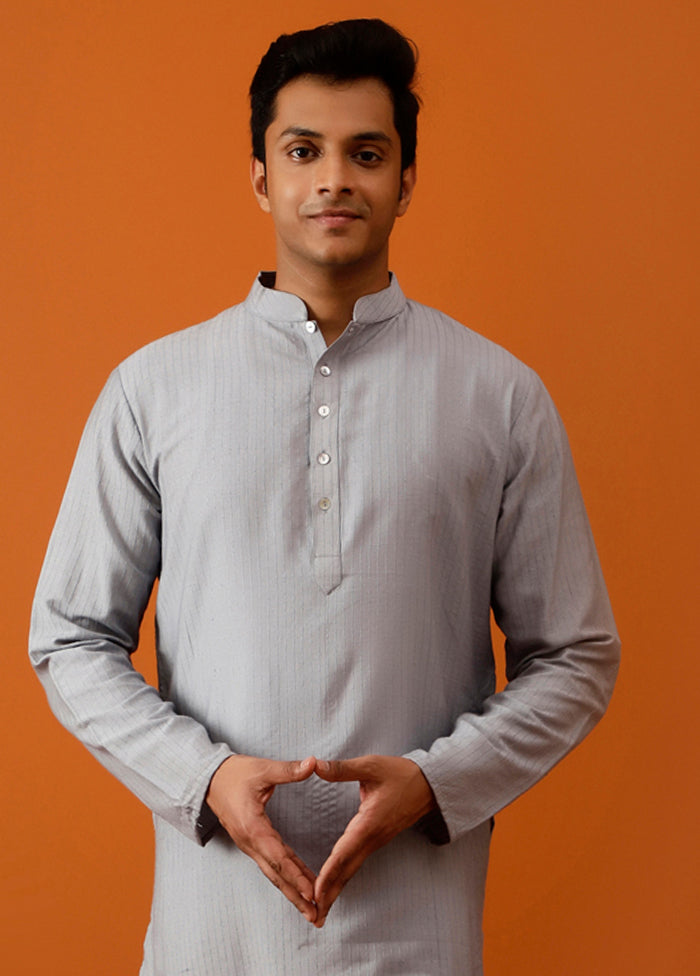 Grey Cotton Full Sleeves Mandarin Collar Long Kurta And Pajama Set - Indian Silk House Agencies