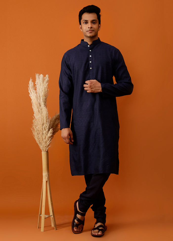 Navy Blue Cotton Full Sleeves Mandarin Collar Long Kurta And Pajama Set - Indian Silk House Agencies