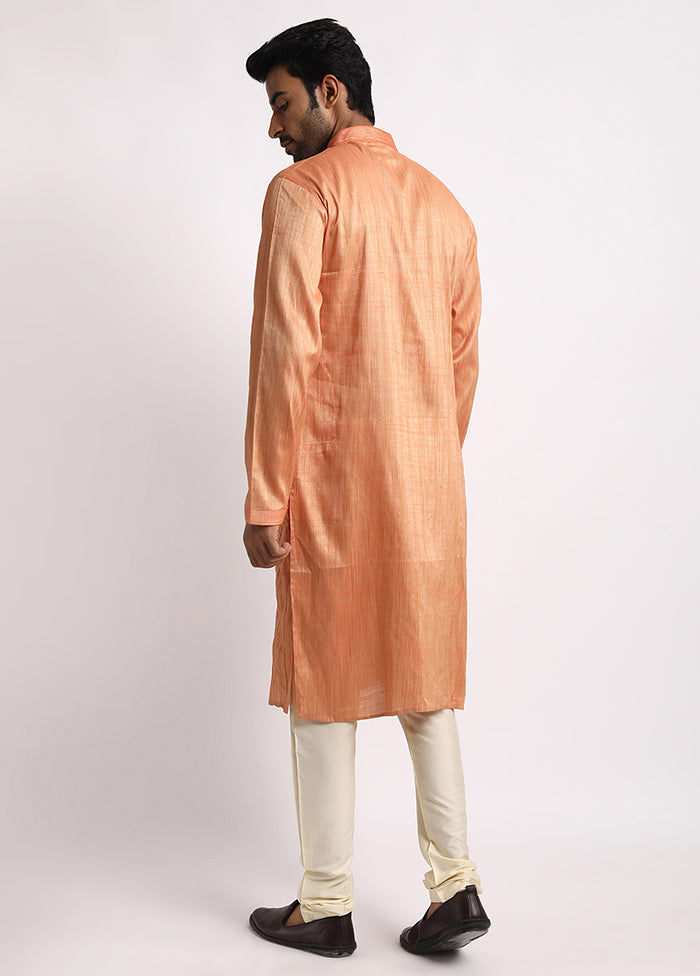 Light Orange Cotton Full Sleeves Mandarin Collar Long Kurta And Pajama Set - Indian Silk House Agencies