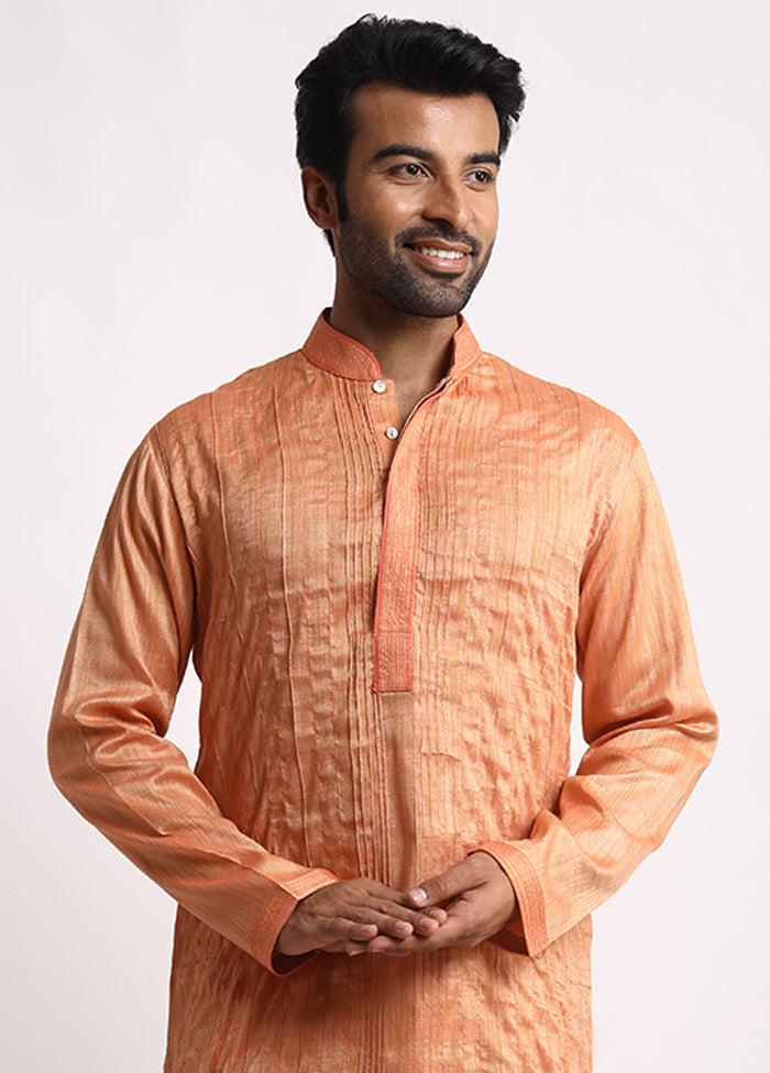 Light Orange Cotton Full Sleeves Mandarin Collar Long Kurta And Pajama Set