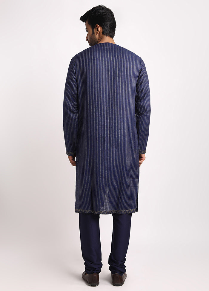 Blue Cotton Full Sleeves Mandarin Collar Long Kurta And Pajama Set - Indian Silk House Agencies