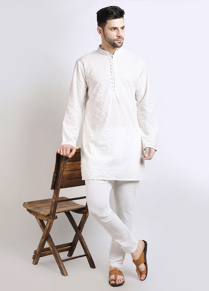 White Cotton Full Sleeves Mandarin Collar Mid Length Kurta - Indian Silk House Agencies