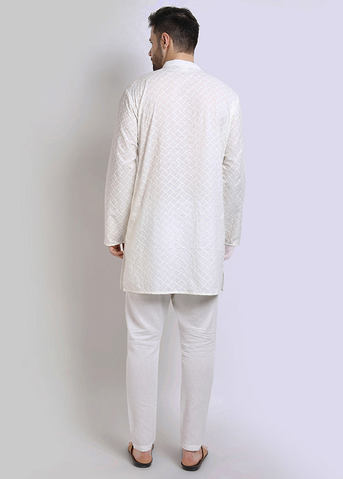 White Cotton Full Sleeves Mandarin Collar Mid Length Kurta