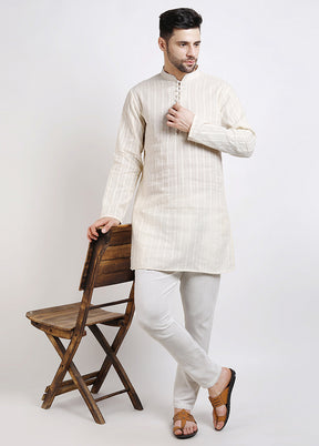 Off White Cotton Full Sleeves Mandarin Collar Mid Length Kurta - Indian Silk House Agencies