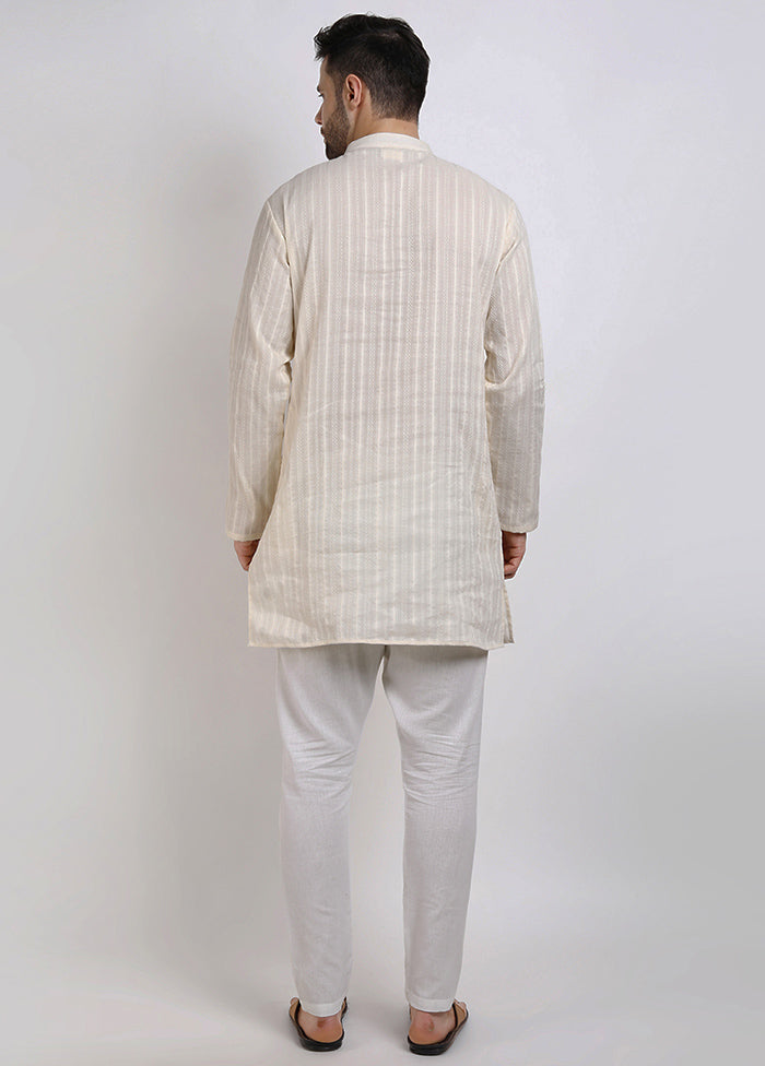 Off White Cotton Full Sleeves Mandarin Collar Mid Length Kurta