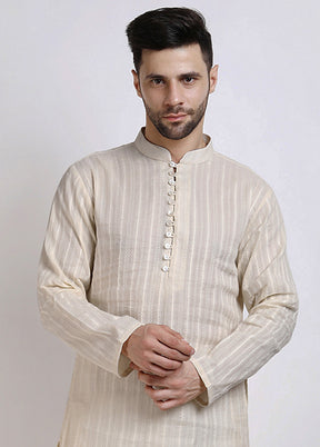 Off White Cotton Full Sleeves Mandarin Collar Mid Length Kurta - Indian Silk House Agencies