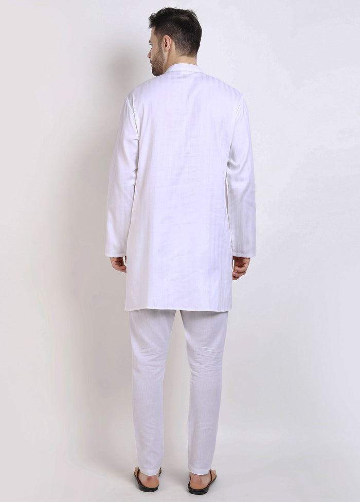 White Cotton Full Sleeves Mandarin Collar Mid Length Kurta - Indian Silk House Agencies