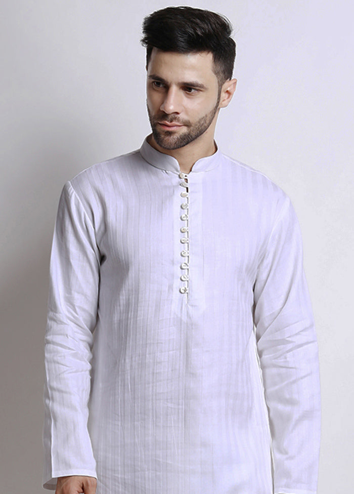White Cotton Full Sleeves Mandarin Collar Mid Length Kurta